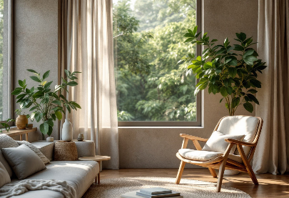 Cozy living room with a wooden armchair, sofa, and large windows with curtains.