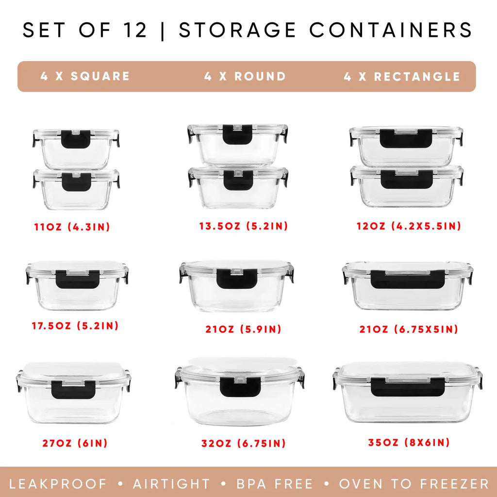Glass Kitchen Storage Containers with Airtight Lids | 12-Piece Set