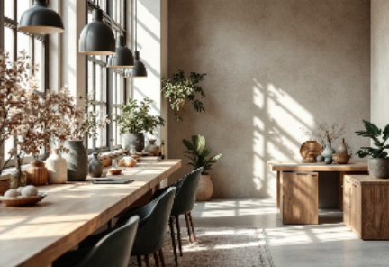 Modern dining area with wooden table, chairs, and decorative plants in a well-lit room.