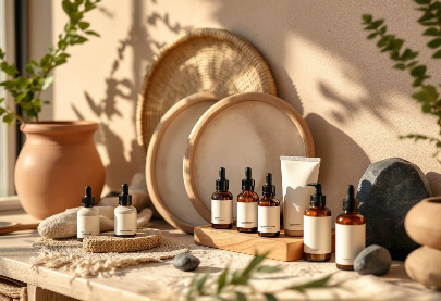 Collection of skincare products on a wooden surface with natural light and plants.