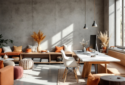 Modern living room with wooden furniture, plants, and a concrete wall.