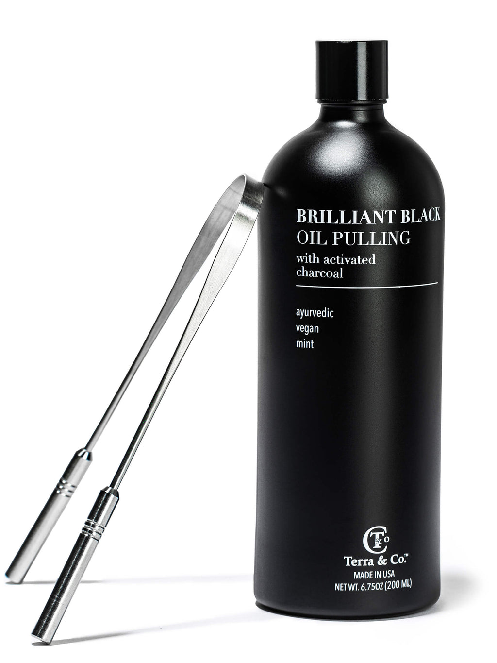 Terra & Co. Brilliant Black® Charcoal Oil Pulling + Stainless Steel Tongue Scraper Bundle