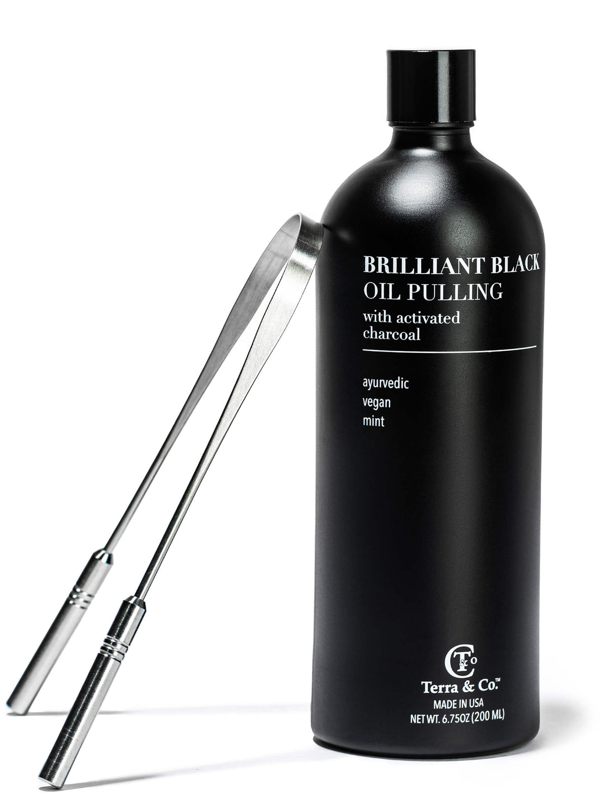 Terra & Co. Brilliant Black® Charcoal Oil Pulling + Stainless Steel Tongue Scraper Bundle