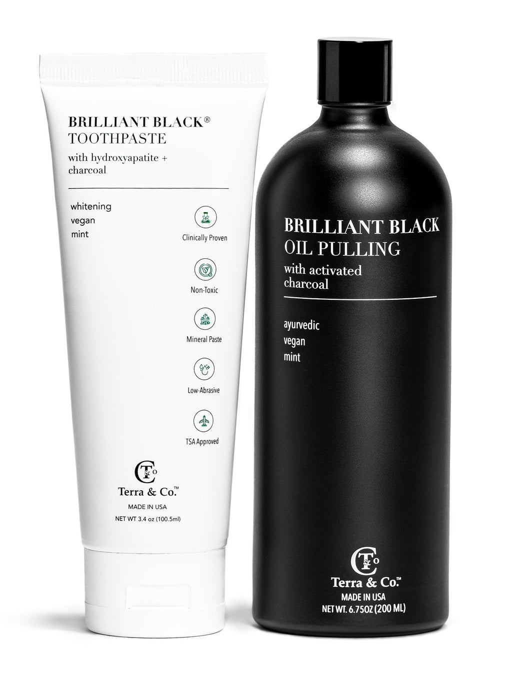 Terra & Co. Brilliant Black® Charcoal Oil Pulling + Hydroxyapatite Toothpaste Bundle