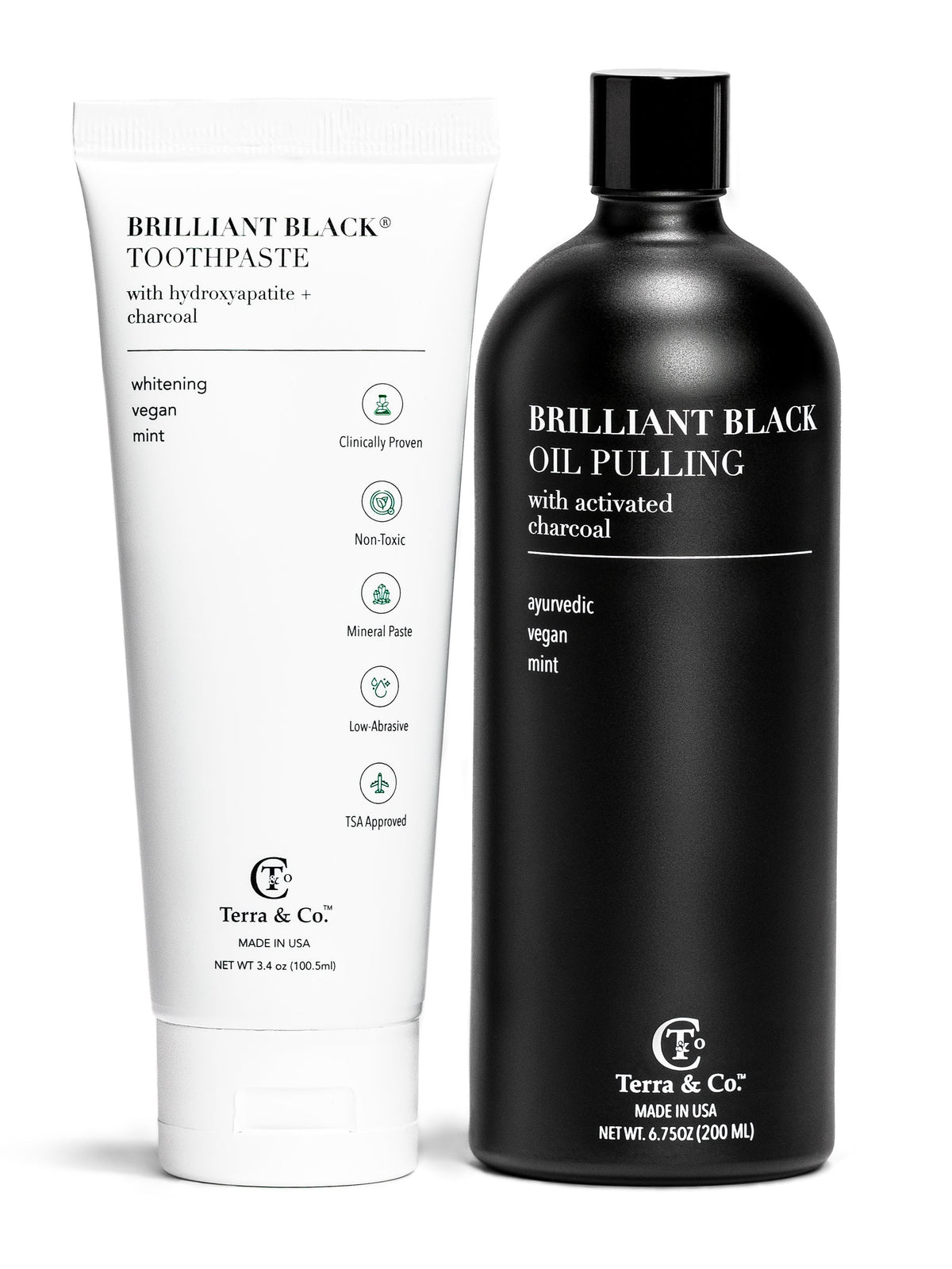 Terra & Co. Brilliant Black® Charcoal Oil Pulling + Hydroxyapatite Toothpaste Bundle