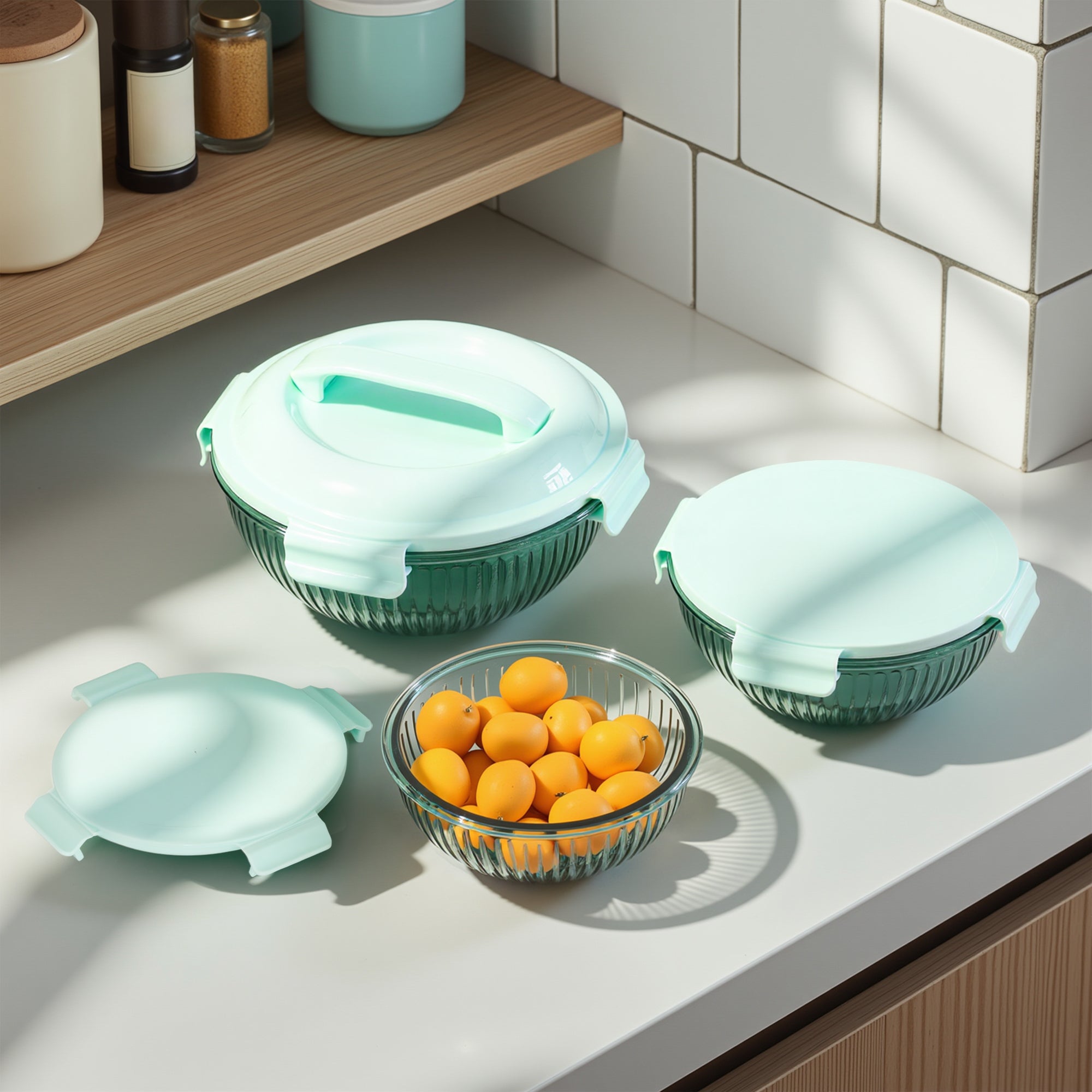 Borosilicate Glass Mixing Bowl Set | Diamond Blue (w/ Handle)