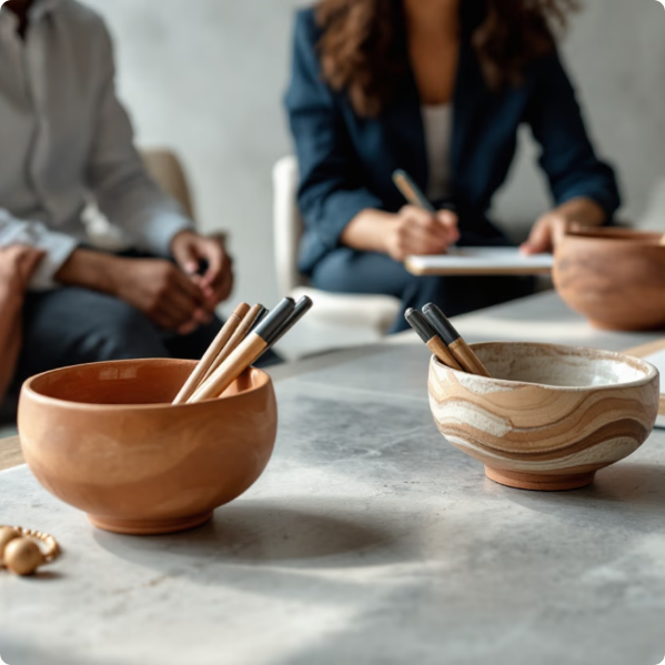 Two wooden bowls with utensils on a table, people sitting in the background.