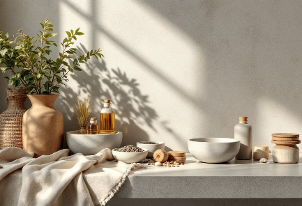 Decorative setting with bowls, bottles, and plants on a light surface.